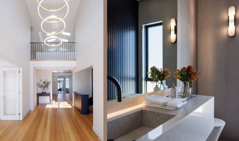 home-lighting-tips two photos of home lighting featuring a pendant light and a bathroom light