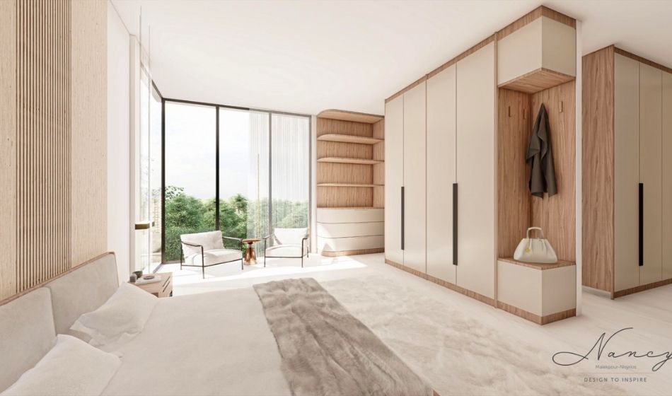 3D render image of a new bedroom with built in wardrobe design