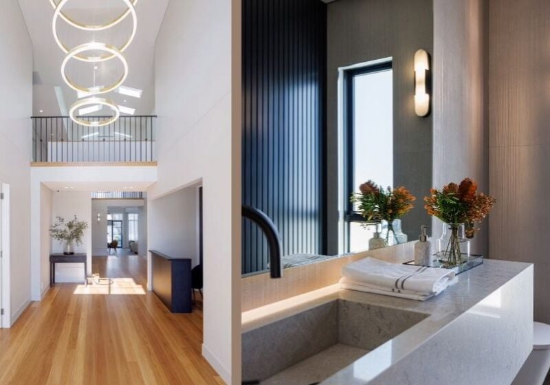 two photos of home lighting featuring a pendant light and a bathroom light