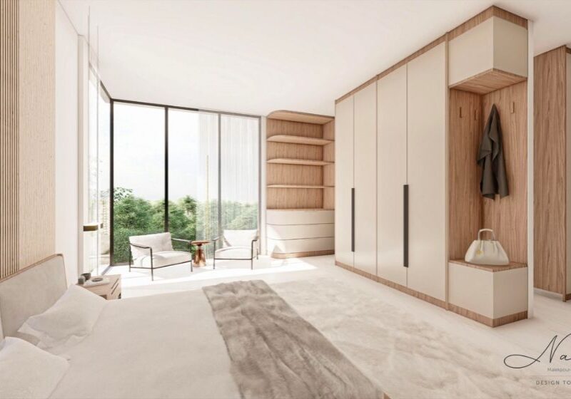 3D render image of a new bedroom with built in wardrobe design